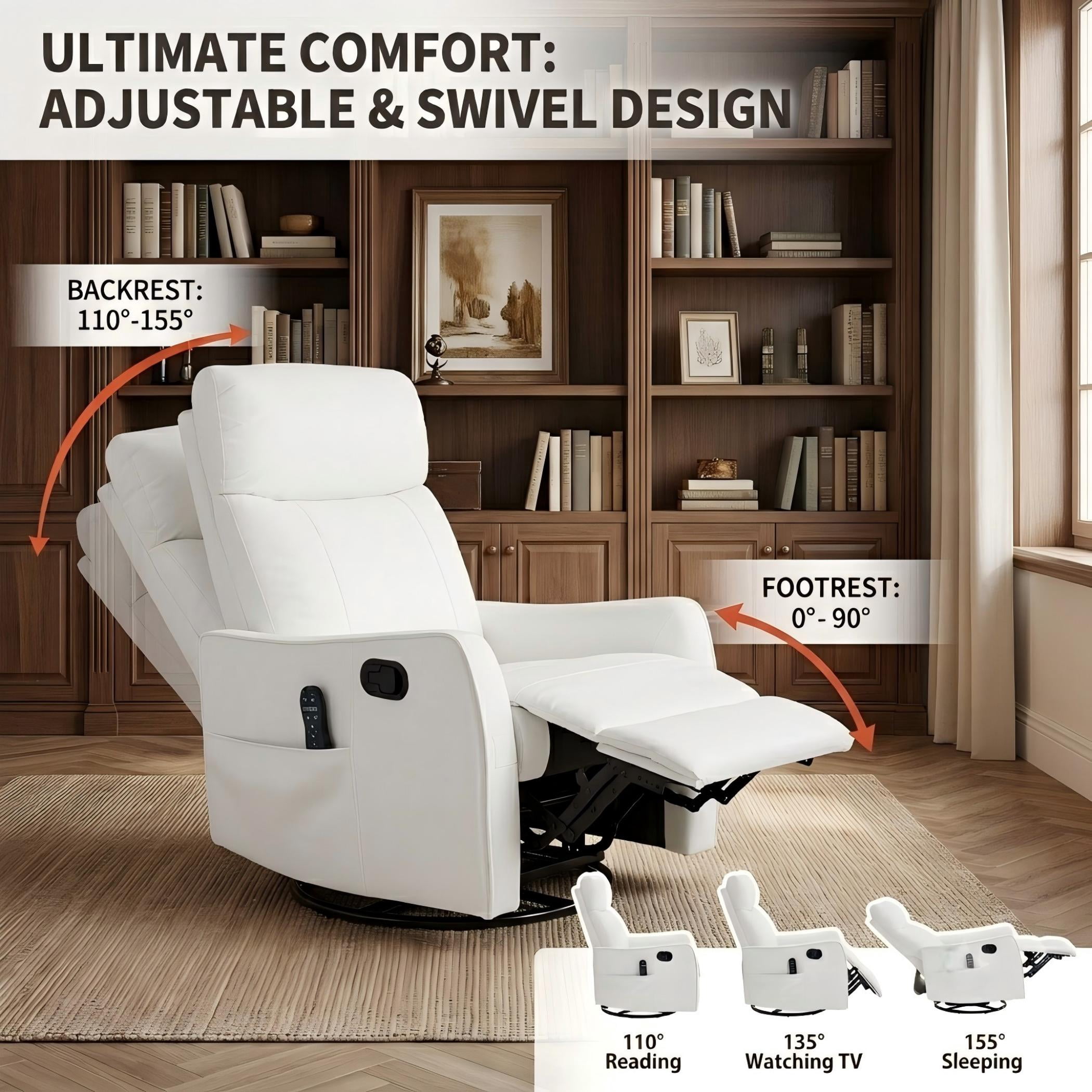 Aukfa Massage Recliner Chair with Heat, Faux Leather 360° Swivel Rocker Recliner, Overstuffed Manual Reclining Glider Chair with Vibration, White