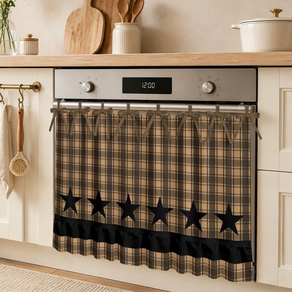 Checkered Stars Oven Skirt Curtain, Retro Brown Black Plaid Art Tie Top Tier Curtains Stove Dishwasher Skirt Small Window Drapes for Kitchen Bathroom Cafe 27"x20"