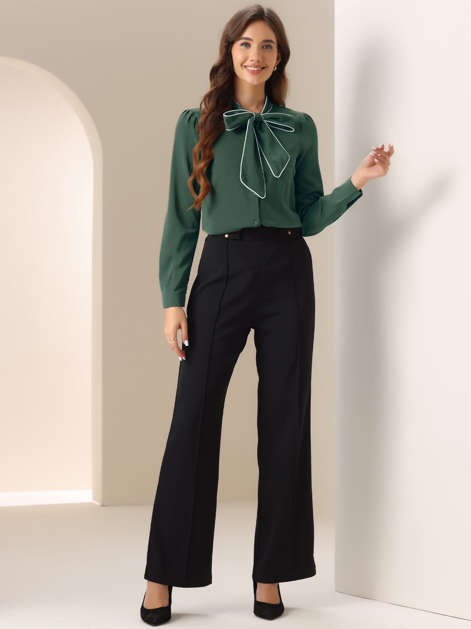 DARING DIVA Women's Contrast Color Button Down Long Sleeve Tie Neck Shirt S Dark Green
