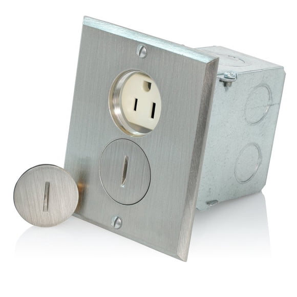Leviton Ensemble de Boîte de Sol 15 Ampères, 125 Volts, Comprend Plaque de Sol en Laiton avec Finition Nickel Brossé, Joint, Bouchon à Vis, Joint Torique et Boîte d'Interrupteur, 25249-