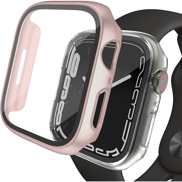 Hard PC Case with Screen Protector Compatible for Apple Watch Series 7 41mm, Full Edge All Around Protective Bumper Anti-Scratch Frame Cover for iWatch Smartwatch Accessorie, Clear/Rose Gold, 2 Pcs