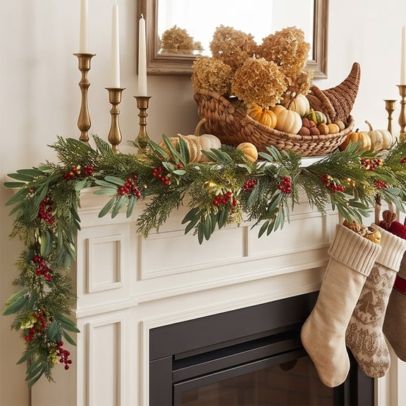 AZXY 6Ft Christmas Garland, Artificial Evergreen Pine Branch Garland with Red Berries, Unlit Indoor Outdoor Christmas Decor for Mantel, Fireplace, Table, Stairs, Front Door