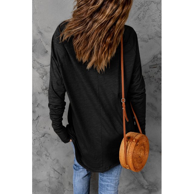 ABPHQTO Sudadera larga de manga larga con cuello redondo liso negro para mujer