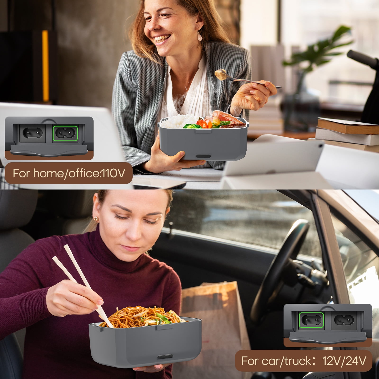 Electric Heated Lunch Box for Men - 3 Liters Double Layer Portable Food Warmer for Car Truck 90 W Self Heating Lunch Box for Adults Food Heater for Work Travel Camping lonchera,Dark Grey