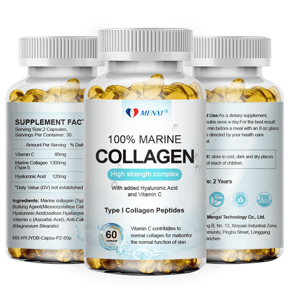 MENXI Marine Collagen Capsules 1300mg with Hyaluronic Acid & Vitamin C, High Potency Hydrolyzed Collagen for Skin, Joint & Hair Health, 60 Count