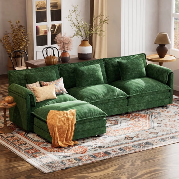 WACASA 113" Oversized Modular Sectional Sofa with Deep Seat, Large 4-Seater L Shaped Couch Set with Movable Ottoman and Throw Pillows, Comfy Chenille Cloud Couch for Living Room, Green