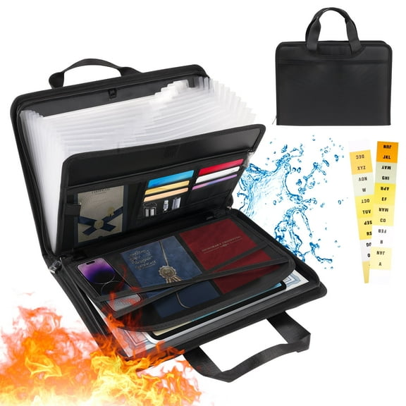 Qissep 13 Pockets Fireproof Accordion File Organizer with Zipper & Labels,Large Capacity Fireproof and Waterproof File Storage Bag,Office Receipt,Letter/A4-Size,Black