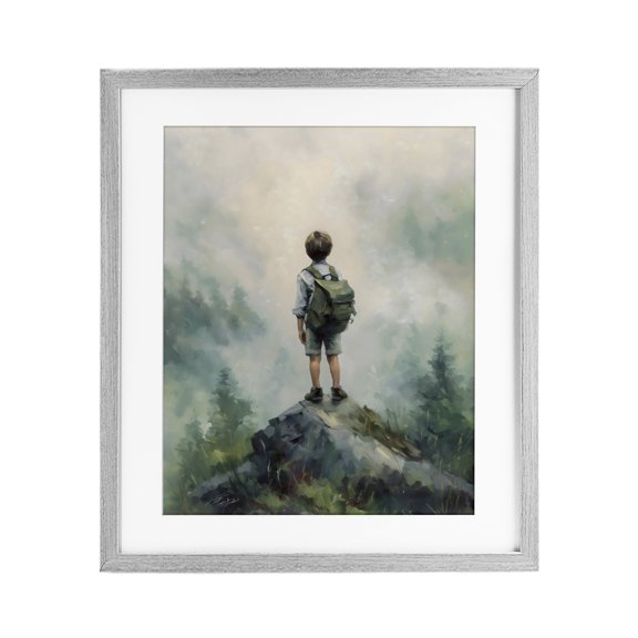Boy Adventurer Atop Mountain Gray Framed Print Under Glass, design by Arlington Prints