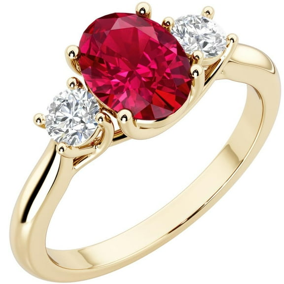 PEORA 14K Yellow Gold Oval Created Ruby and Lab Grown Diamond 3 Stone Trellis Ring, 2.10 Carats total, Size 9.5