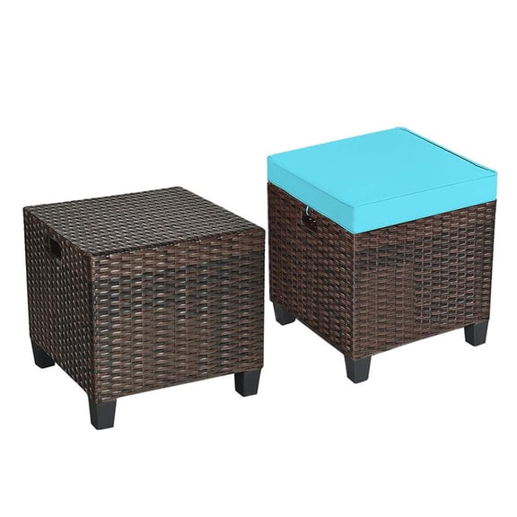 Outdoor Rattan Ottoman Pair with Removable Cushions, Heavy-Duty Steel Base and Wedge Feet, Ideal for Deck Porch, Turquoise Blue