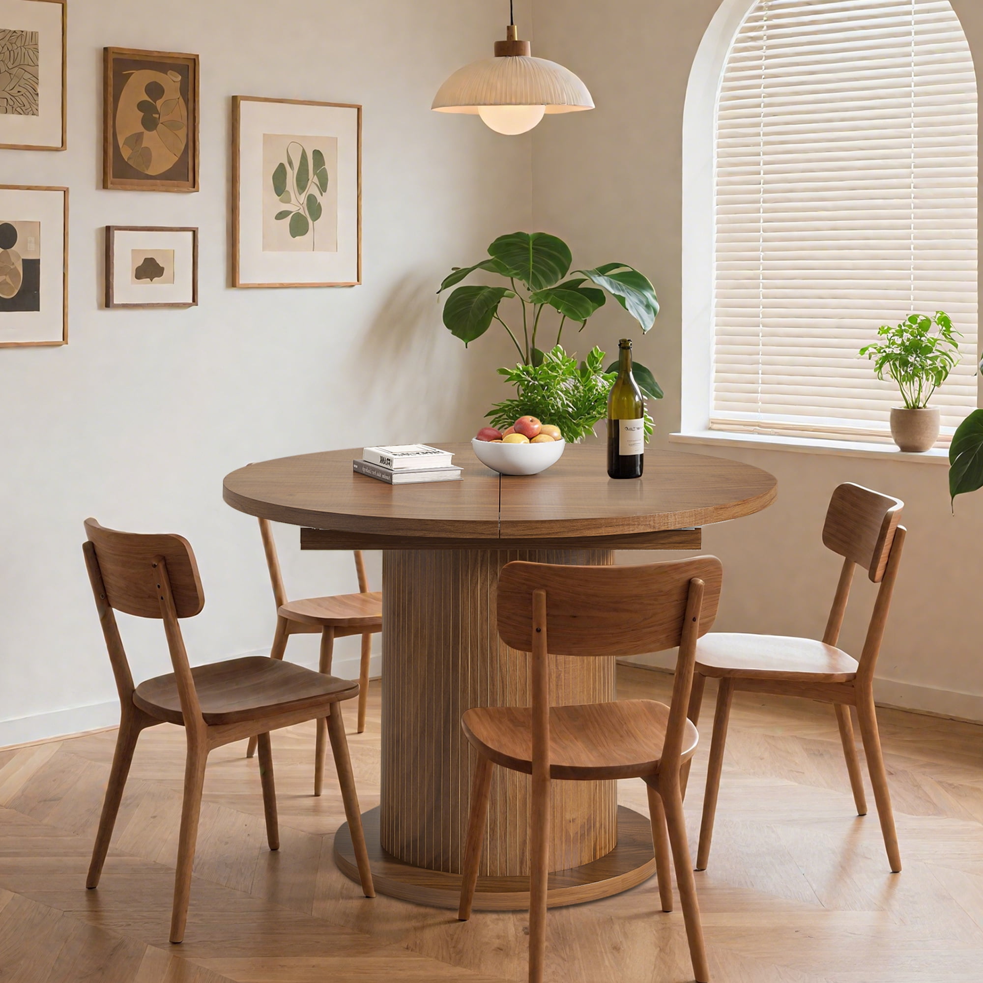Round Dining Table for 4-6 People, 43.3“-59“Extendable Round Kitchen Dining Table with Pedestal Base, Walnut