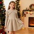 thumbnail image 2 of IVEYRTF Girls Solid Color Jacquard Knitted Dress Sweater Long Sleeve Round Neck Fall Winter Casual French Everyday Outfit for Kids 3-8 Years(Khaki,5 Years), 2 of 9