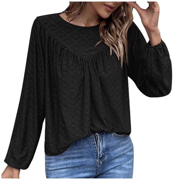 Jersey de manga larga con cuello redondo fruncido y hueco para mujer, informal, a la moda Pompotops FGAJ12278