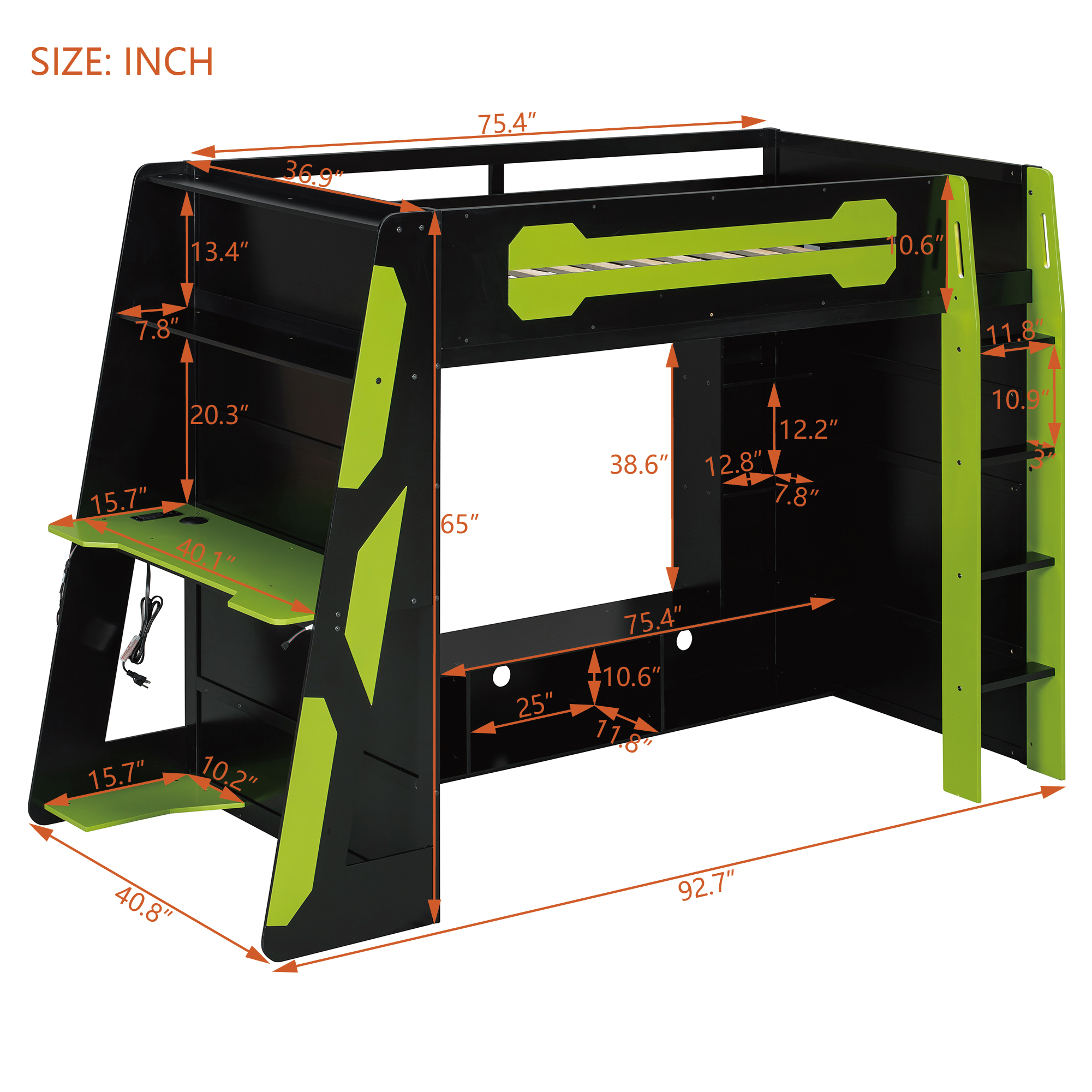Aukfa Twin Size Gaming Loft Bed for Teens, Wood Esports Bed Frame with Desk, LED Lights, Charging Station & Storage Shelves, Green