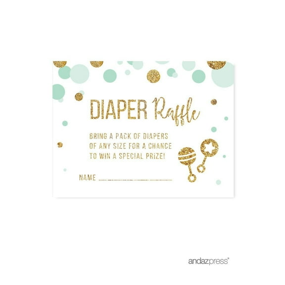 Diaper Raffle Cards Mint Green Gold Glitter Baby Shower Game Cards, 30-Pack