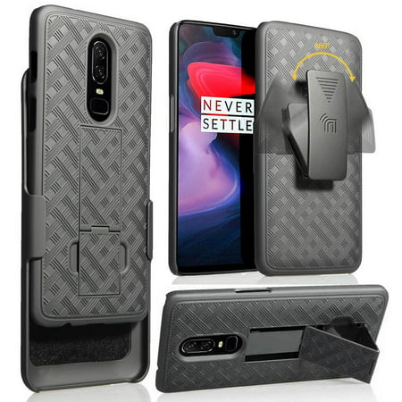OnePlus 6 Case with Clip, Nakedcellphone Black Kickstand Hard Cover with [Rotating/Ratchet] Belt Hip Holster Combo for OnePlus 6