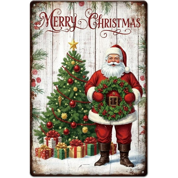 Christmas Santa Claus Metal Tin Sign 8x12in "Merry Christmas" Vintage Painting Tin Signs Wall Poster Plaque for Living Room Fireplace Office Desk Bedroom Coffee Table Party