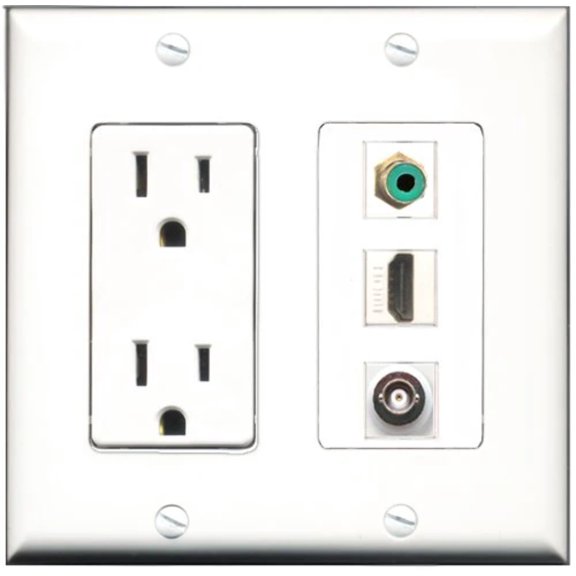 RiteAV - 15 Amp Power Outlet 1 Port HDMI 1 Port RCA Green 1 Port BNC Decorative Wall Plate
