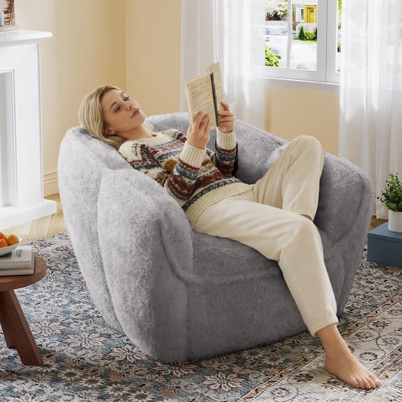 Fnkosi Bean Bag Chair for Adults & Kids, Zone Support Faux Rabbit Fur Chair for Living Room, Bedroom, Teen's Room, Gray