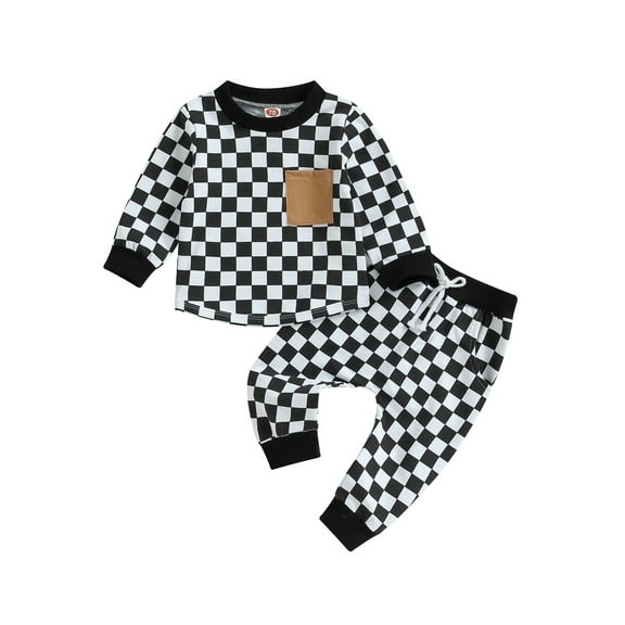 Bagilaanoe 2PCS Toddler Baby Girl Boy Long Pants Set Checkerboard Print Long Sleeve Sweatshirt Pullover Tops Drawstring Sweatpants 6M 12M 18M 24M 3T 4T Kids Casual Sweatsuits