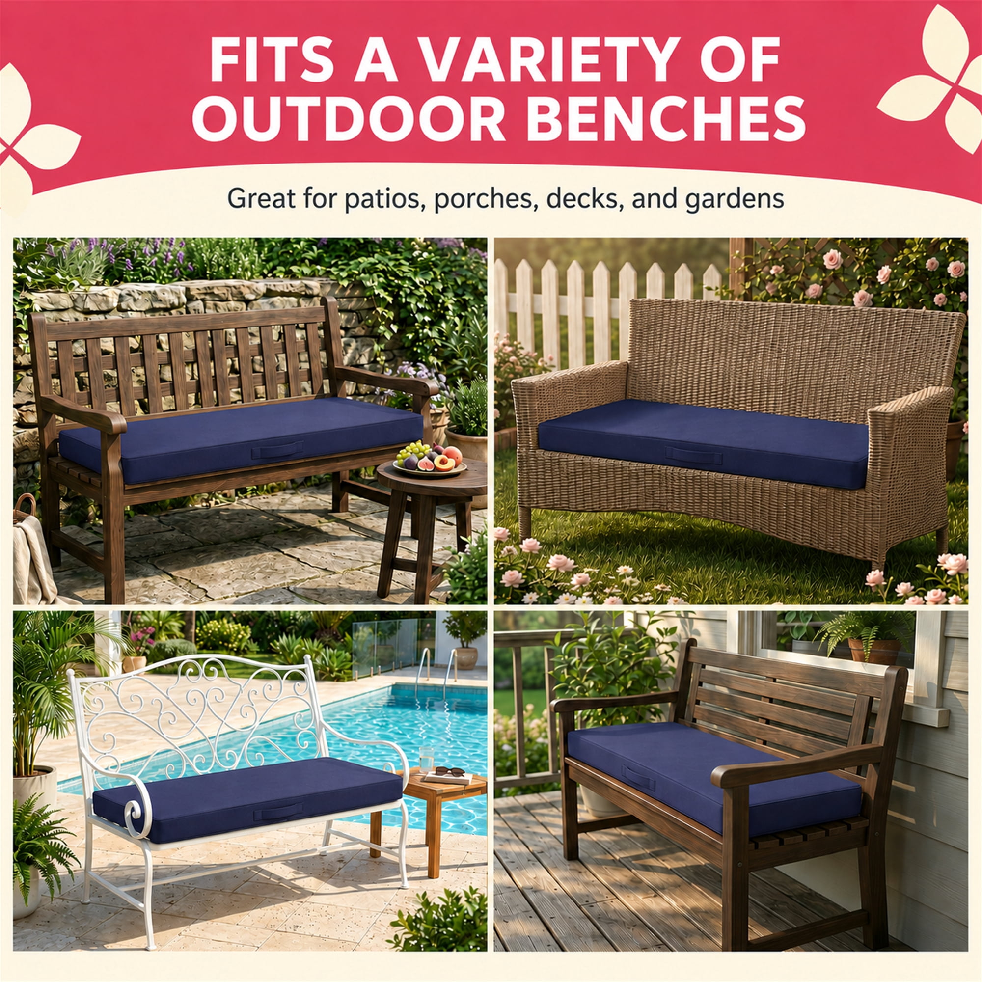 Millsilo 42" x 18" x 3" Outdoor Bench Cushion with Removable Cover, Water-Repellent UV Fade-Resistant Patio Cushion, High-Density Foam, Non-Slip Ties, Dark Blue