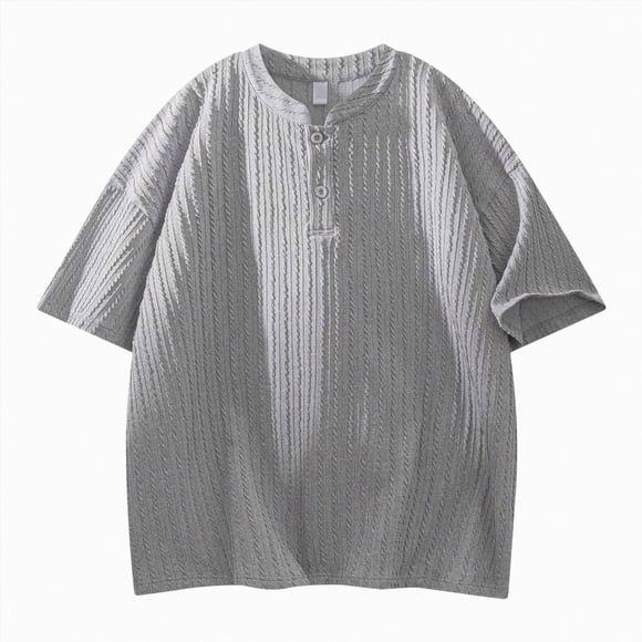 Ymyiu Heavyweight T Shirts for Men Men Casual Henley Tee Shirt Short Sleeve Band Collar Summer Beach Textured T-Shirt Size 2XL(Grey, 2XL)