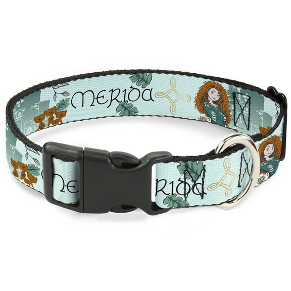 Disney Pet Collar, Dog Collar Plastic Buckle, Brave Merida Castle and Three Bear Brothers Pose with Script, 7 to 8.5 Inches 0.5 Inch Wide