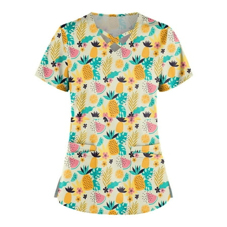 

Yubatuo Women Plus Size Scrubs Top with Pockets V-Neck Short Sleeve Animal Print Work Blouse for Women Yellow 4XL