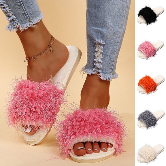 Women Sparkly Long Feather Fluffy Slide Slippers, Open‑Toe Fuzzy Plush Lined House Slides, Warm Non‑Slip Flat Indoor Shoes