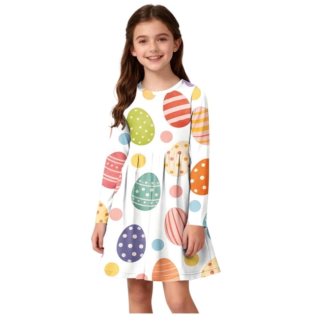 Robes à Manches Longues pour Filles, Robe Patineuse Trapèze pour Filles, Robe Décontractée Extensible et Tournoyante à Col Rond pour Récital Scolaire, Tenue Quotidienne, Printemps Automne Hiver