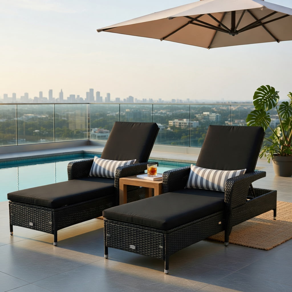 Hommoo Adjustable Outdoor Wicker Chaise Lounge Chair with Weather-Resistant Cushion & Lumbar Pillow, Steel Frame, Black