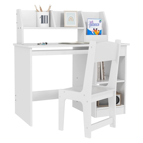 Qaba Kids Desk and Chair Set with Storage, Study Desk with Chair for Children 5-8 Years Old, Gray