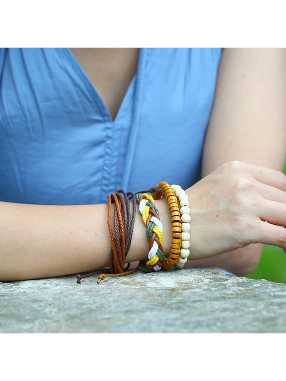 Bracelets Pack Pack Of 4 Vintage Women Wooden Beads Leather Weave Bracelet Bangle