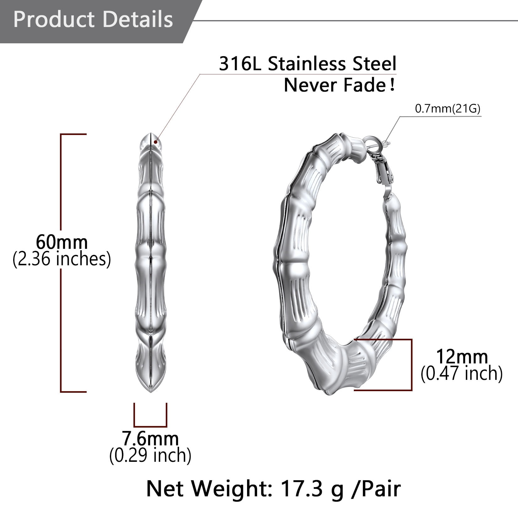 U7 Bamboo Earrings for Women Big Hollow Hoops Stainless Steel Hip Pop Earring Jewelry Gifts, 60mm diameter