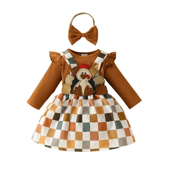 GYRATEDREAM Baby Girl Halloween Outfit Infant Dress Set Long Sleeve Ruffle Romper   Suspender Skirt   Headband Overall 3Pcs Clothes Set for 3-6M Brown