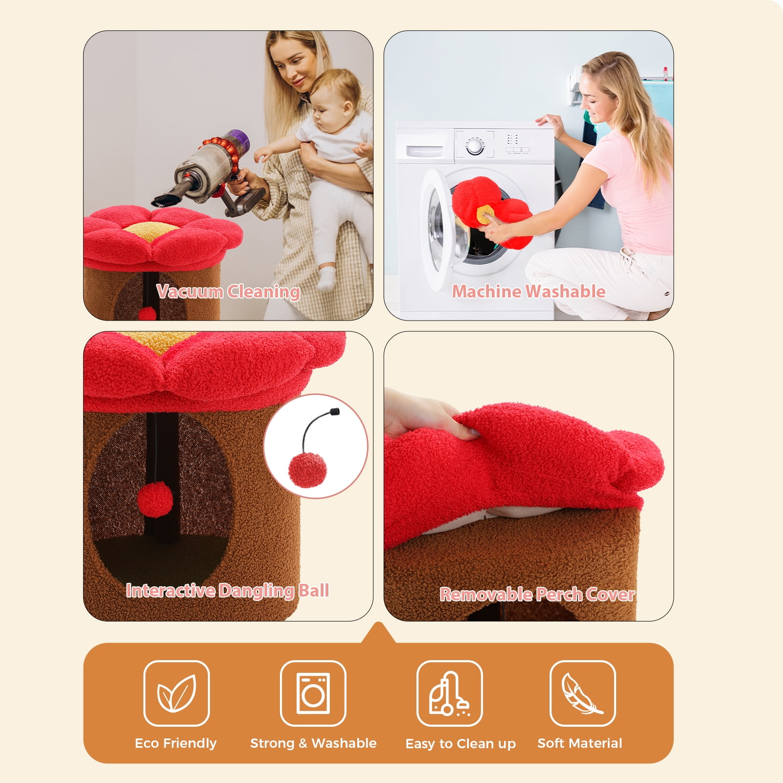 Pefilos 15" Cat House Condo with Tree, Cave Bed & Removable Flower Cat Cushion, Brown