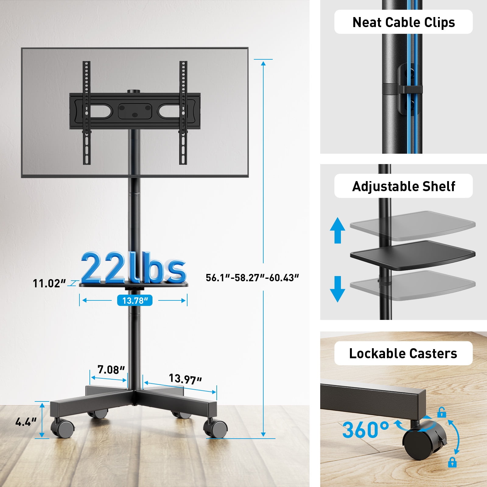PERLESMITH 23"- 60" Mobile TV Stands with Mount on Wheels, Holds up to 88 lbs, PSTVMC10