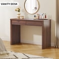 thumbnail image 4 of Wirrytor Walnut 43.3" Computer Desk with 2 Storage Drawers, Mid-Century Modern Small Office Desk, Versatile Study Vanity Table for Bedroom & Home Office, 4 of 9