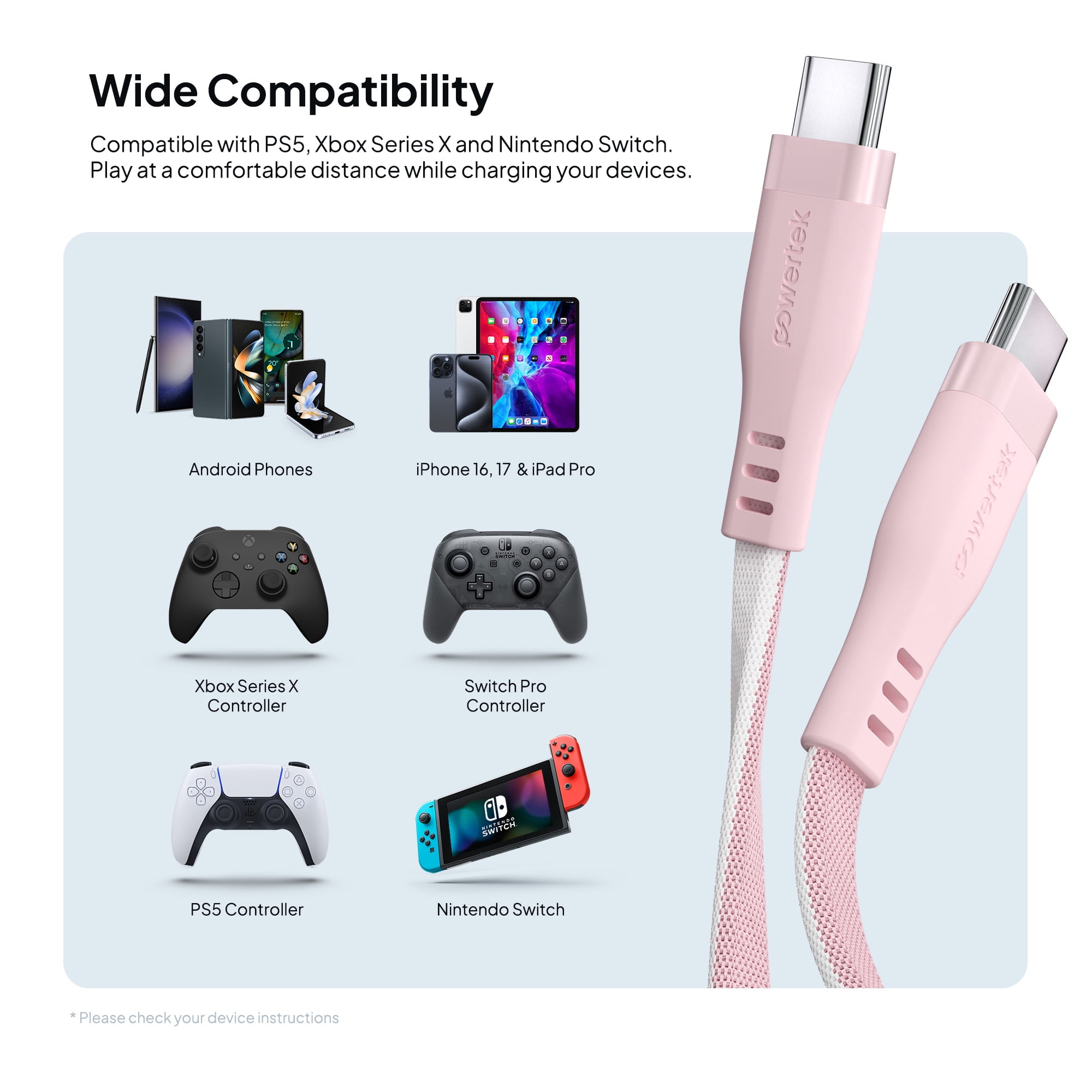 Powertek USB-C to USB-C Two-Tone Pastel Fast Charge Cable, 6 ft, Pink