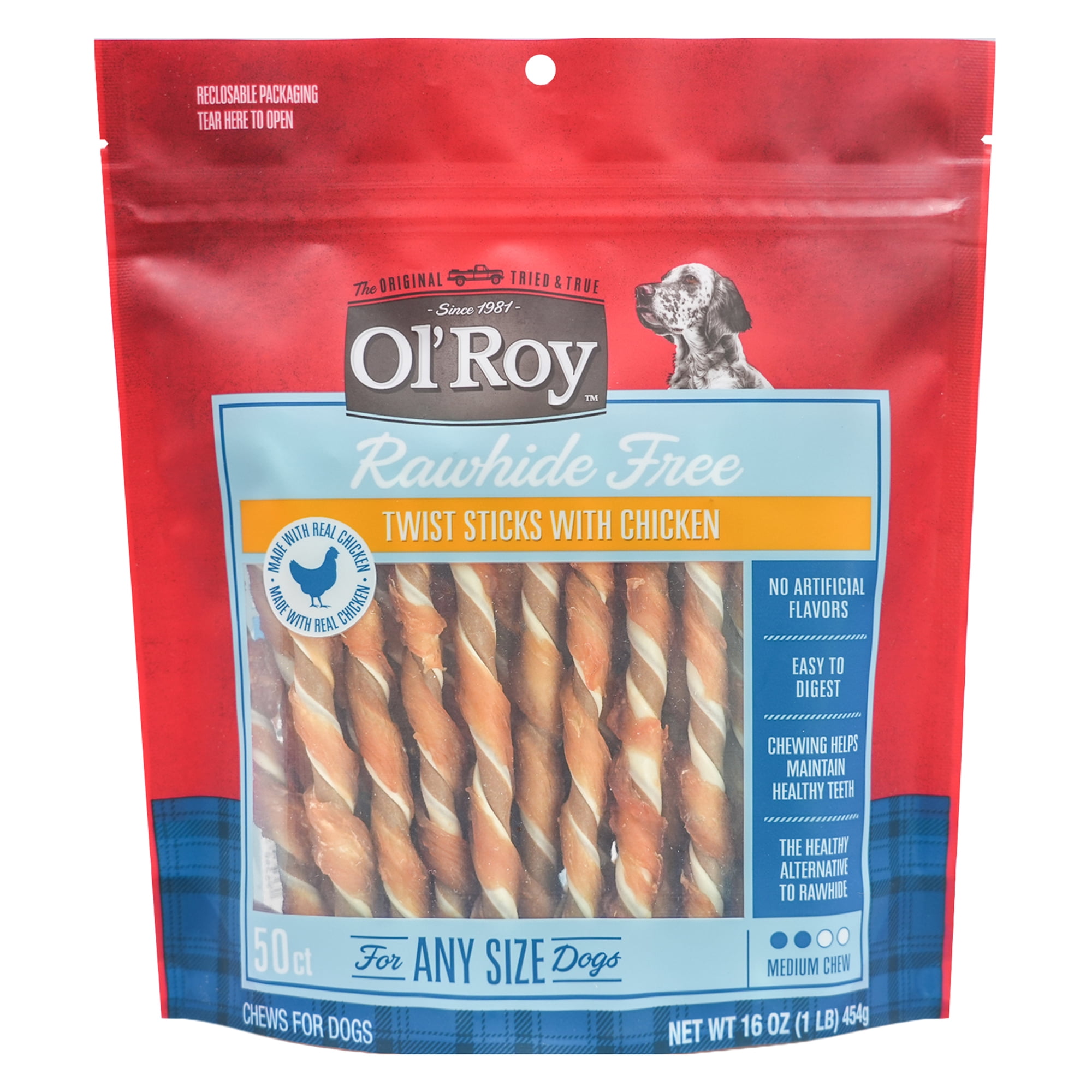 Ol' Roy Rawhide Free Twist Sticks with Chicken Dog Treats, 16 oz, 50 Count
