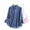 thumbnail image 2 of WREESH Womens Fashion Oversized Button Down Denim Shirt Lapel Solid Color Long Sleeve Tops Button Pocket Turndown Collar Tops Shirt Dark Blue, 2 of 4