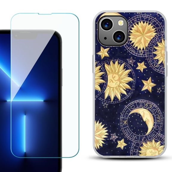OneToughShield ® for iPhone 15 Plus Shockproof Phone Case, with Tempered Glass Screen Protector - Moon Sun Star