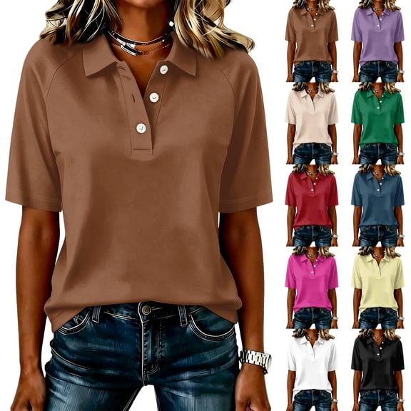 Garbnen Polo Shirts for Women Raglan Collared Henley Women Short Sleeve Shirts Solid Color Casual Dressy Work Golf Shirt for Women Black XXXL