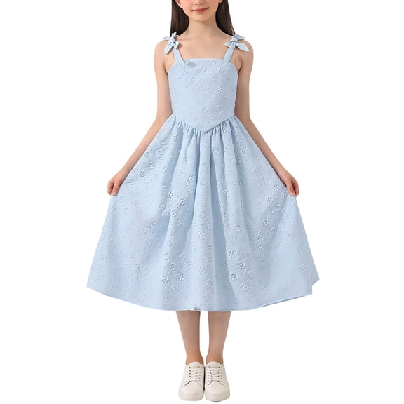 Kids Floral Embossed Spaghetti Strap Dress Bow Strap A Line Midi Dress for Wedding Flower Girl Summer Holiday Sky Blue 130