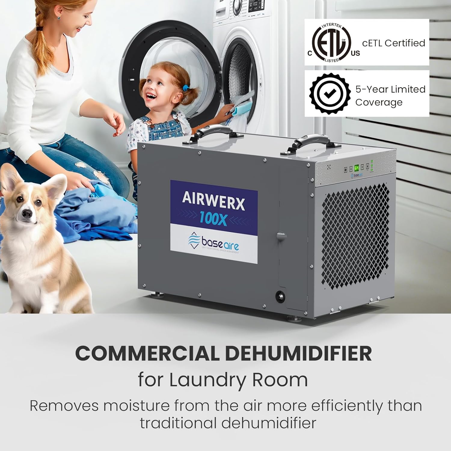 BaseAire 220 Pints Crawlspace Dehumidifiers with Pump and Drain Hose, Up to 2900 Sq Ft ,Commercial Dehumidifier for Home,Garage and Basement, Large Capacity,  Auto Defrost, Intelligent Control