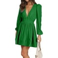 thumbnail image 3 of Mini Deep V Long Sleeve Dress for Women A-Line High Waisted Casual Flowy Dress for Wedding Guest Green M, 3 of 8