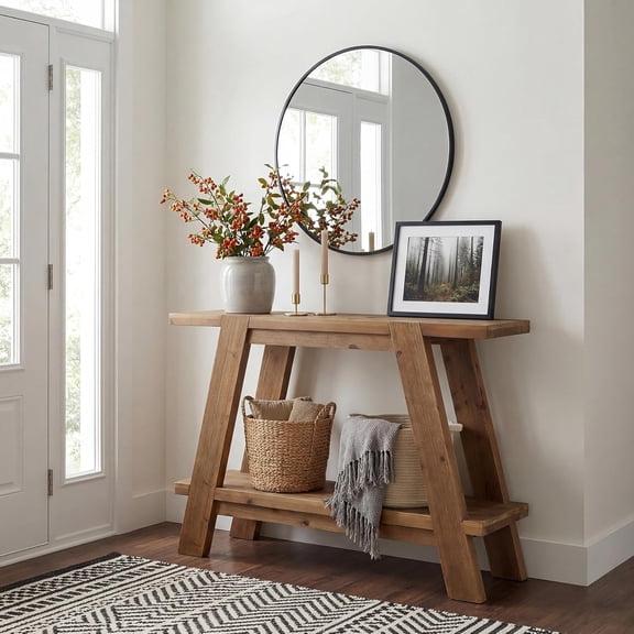 Finmind 41.3" Solid Wood Entryway Table, 2-Tier Farmhouse Console with Storage, Narrow Sofa Table Behind Couch for Living Room, Hallway, Foyer, Brown