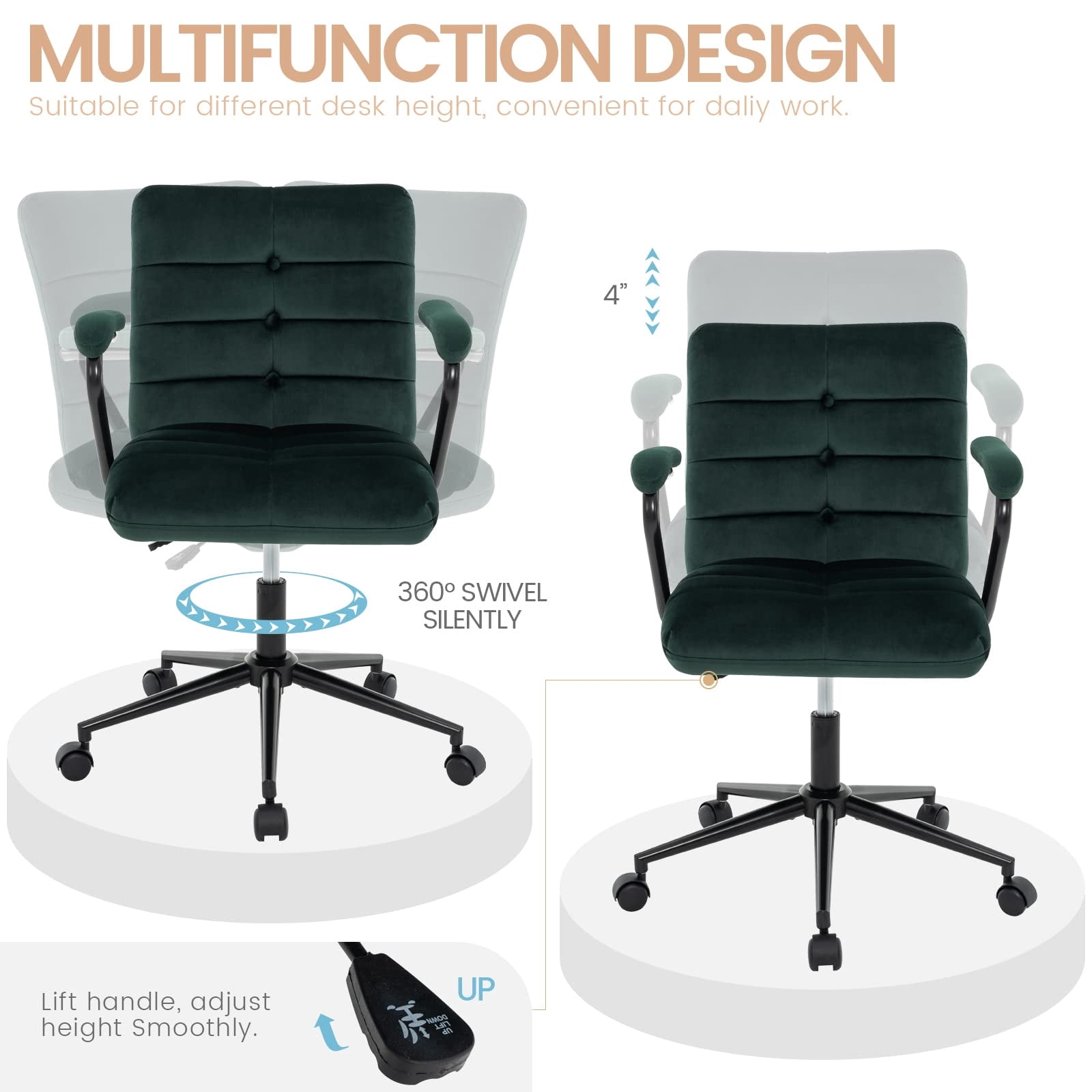 Velvet Desk Chair with Arms, Adjustable Height Home Office Chair, Mid-Back Upholstered Vanity Chair with 360° Swivel and Wheels for Living Room or Study, Dark Green