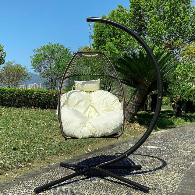 Hanging Chair with Stand, Outdoor Patio Wicker Hanging Egg Chairs, UV Resistant Hammock Chair with Comfortable Beige Cushion, Durable Indoor Swing Chair for Bedroom, Garden, Backyard, 350lbs, L3955
