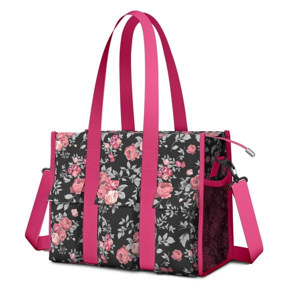 Teacher Tote Bag,Pioneer Flower Floral Print Pattern Teacher Utility Tote Bag,Large Work Tote Bags for Women with Multiple Pockets,Top Zipper Closure,13.8x10.6x6.7 Inch